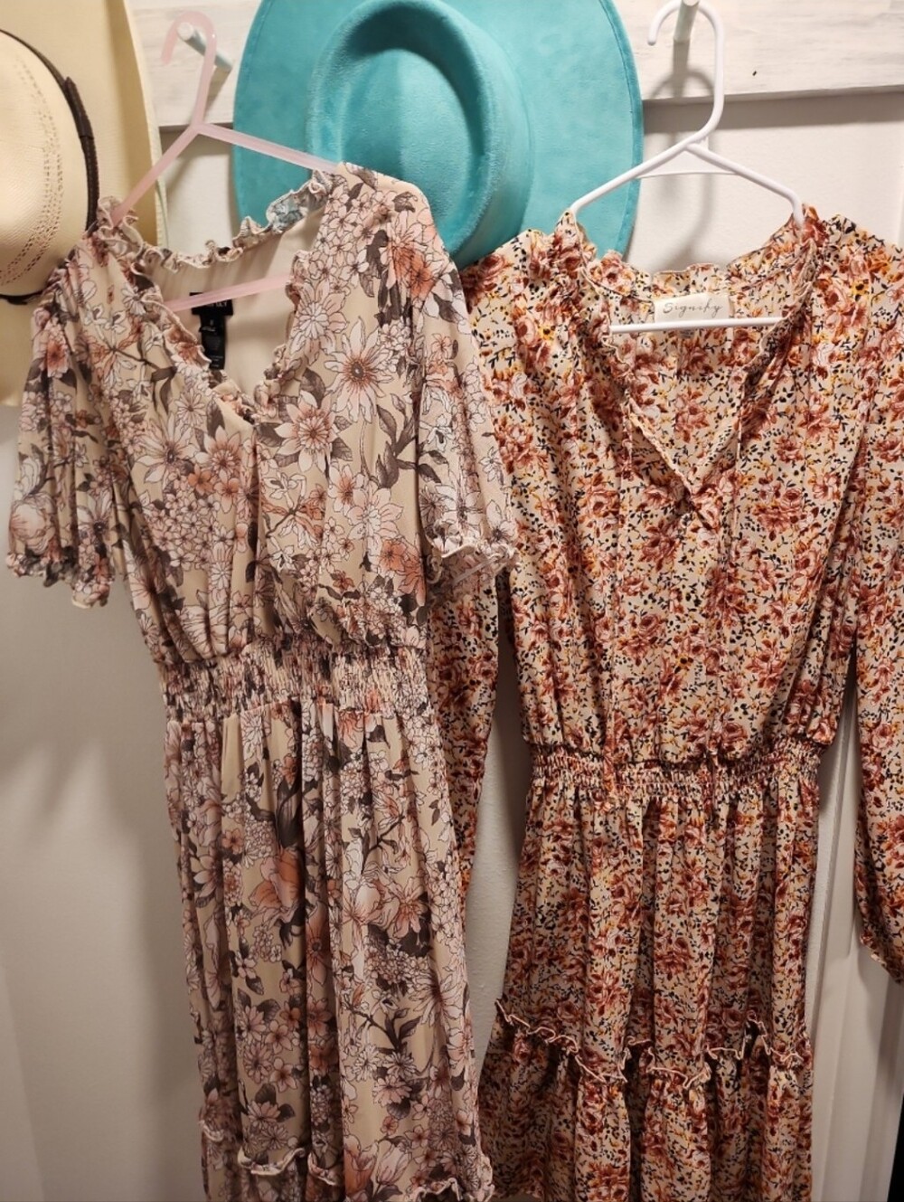 Floral Smocked Waist Midi Dress in Beige Pink -